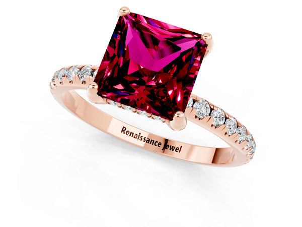 Rose gold Princess Cut Garnet Hidden Halo Engagement Ring with Round Pavé Band and Prong Setting