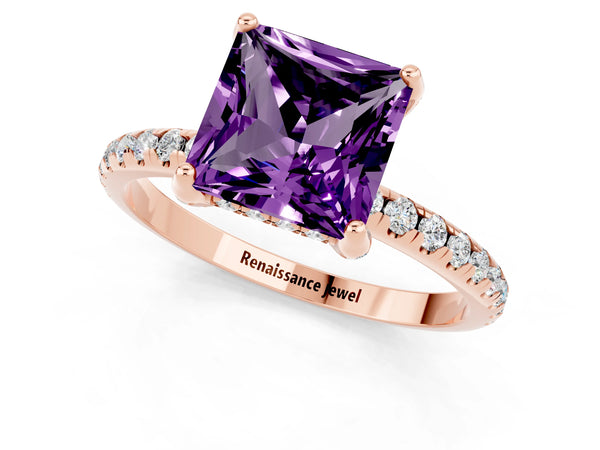 Rose gold Princess Cut Amethyst Hidden Halo Engagement Ring with Round Pavé Band and Prong Setting
