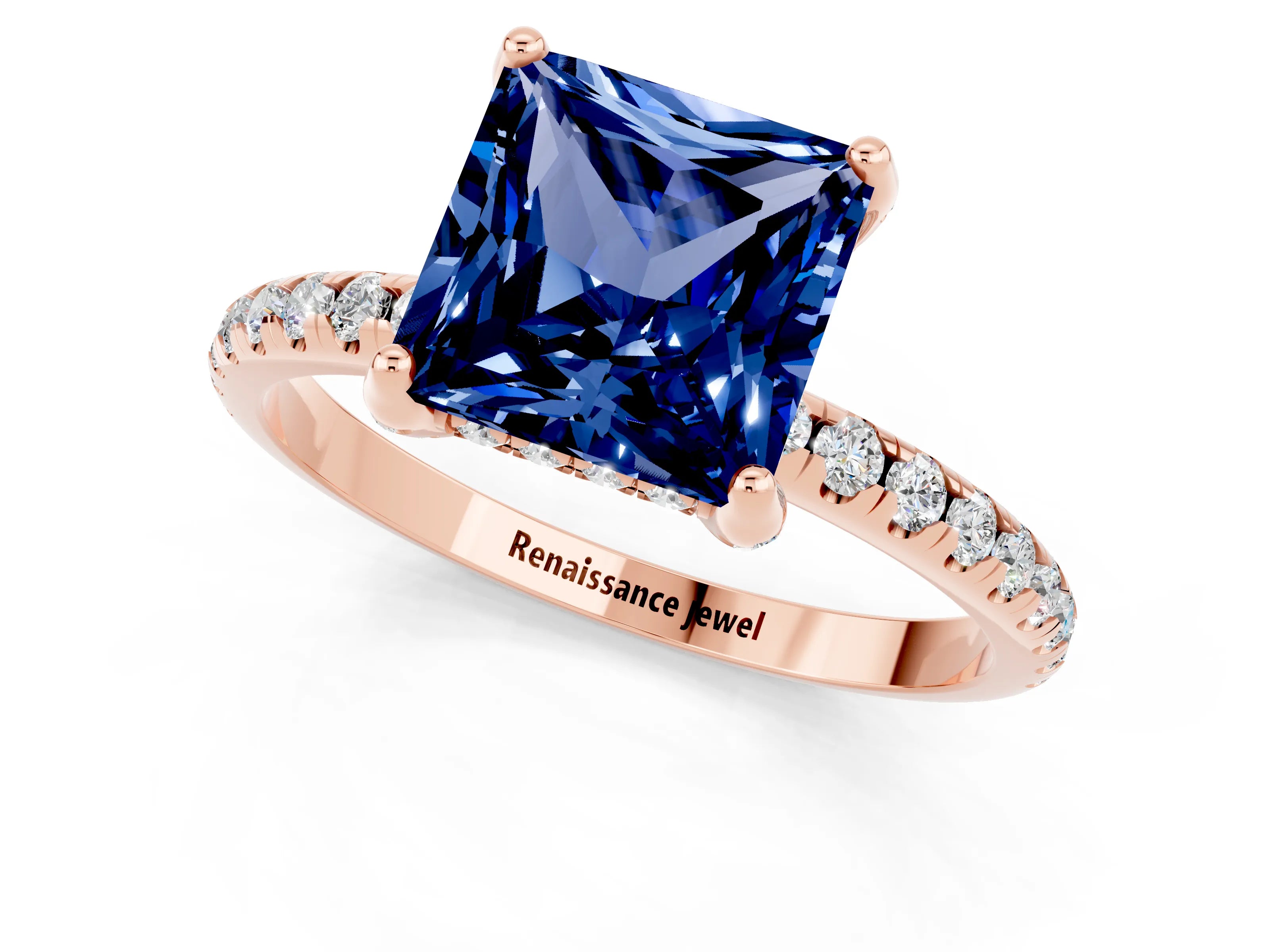 Rose gold Princess Cut Diamond Solitaire Ring with Four-Prong Setting and Pavé Band_1