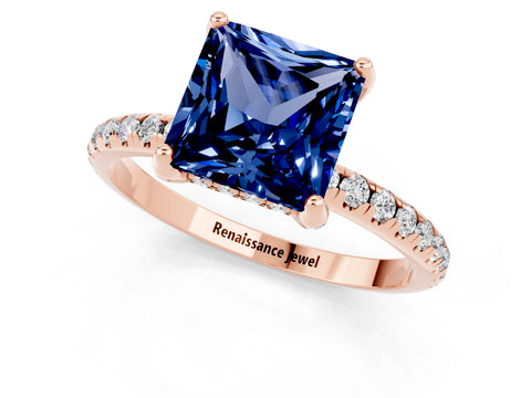 Rose gold Princess Cut Diamond Solitaire Ring with Four-Prong Setting and Pavé Band_1