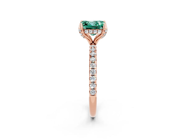 Rose gold Princess Cut Green Sapphire Hidden Halo Engagement Ring with Round Pavé Band and Prong Setting