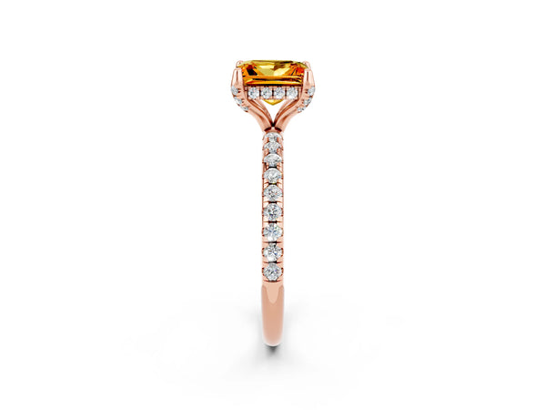 Rose gold Princess Cut Citrine Hidden Halo Engagement Ring with Round Pavé Band and Prong Setting