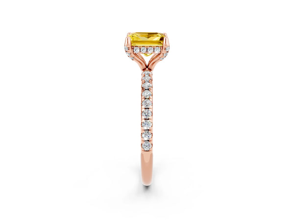 Rose gold Princess Cut Yellow Sapphire Hidden Halo Engagement Ring with Round Pavé Band and Prong Setting