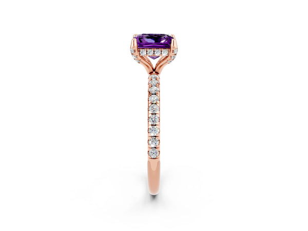 Rose gold Princess Cut Amethyst Hidden Halo Engagement Ring with Round Pavé Band and Prong Setting