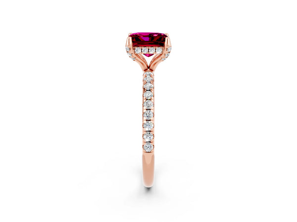Rose gold Princess Cut Garnet Hidden Halo Engagement Ring with Round Pavé Band and Prong Setting