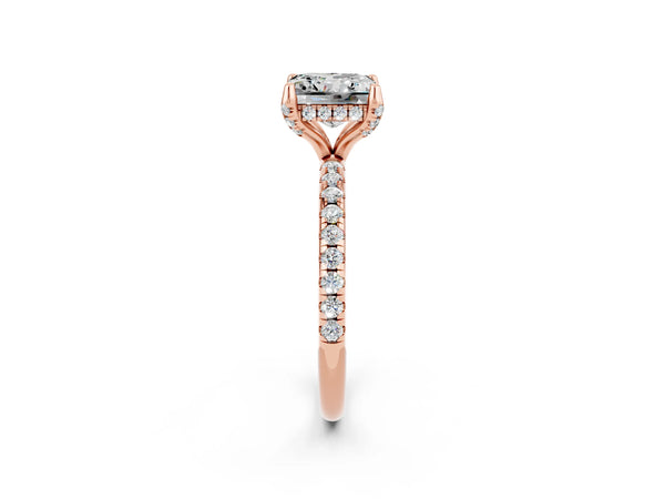 Rose gold Princess Cut Moissanite Hidden Halo Engagement Ring with Round Pavé Band and Prong Setting