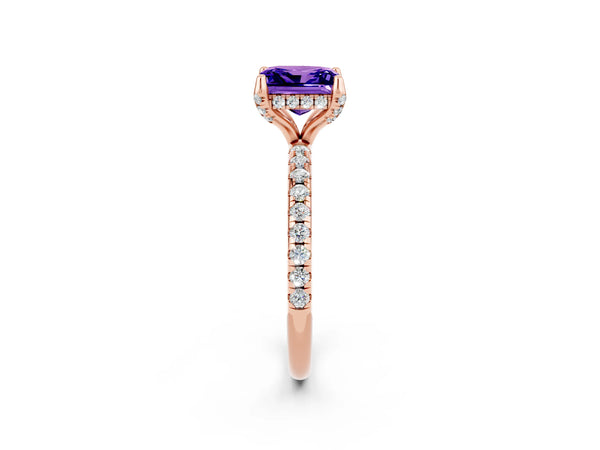 Rose gold Princess Cut Tanzanite Hidden Halo Engagement Ring with Round Pavé Band and Prong Setting