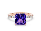 Rose gold Princess Cut Diamond Solitaire Ring with Four-Prong Setting and Pavé Band