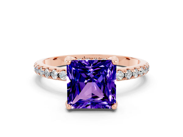 Rose gold Princess Cut Tanzanite Hidden Halo Engagement Ring with Round Pavé Band and Prong Setting