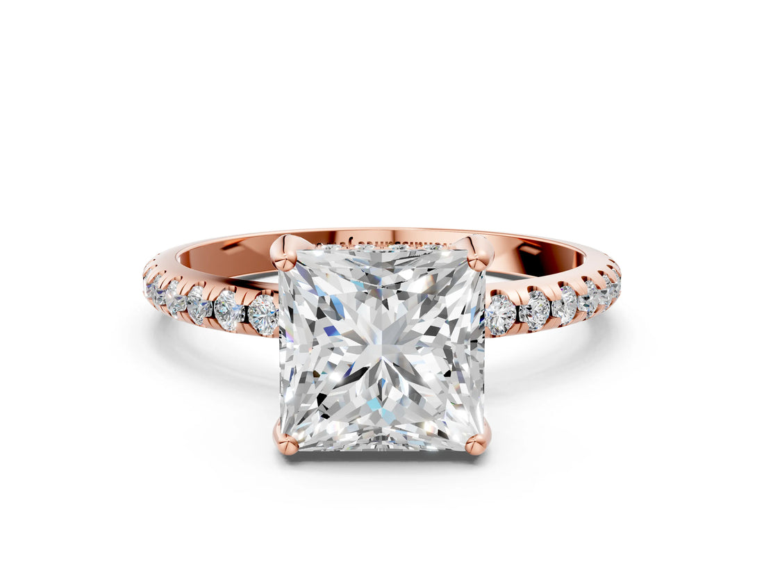 Rose gold Princess Cut Diamond Solitaire Ring with Four-Prong Setting and Pavé Band_3