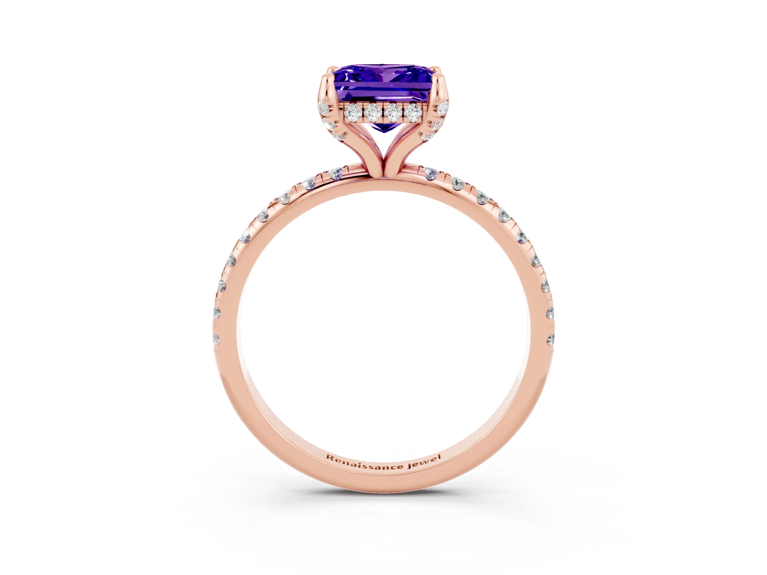 Rose gold Princess Cut Diamond Solitaire Ring with Four-Prong Setting and Pavé Band_3