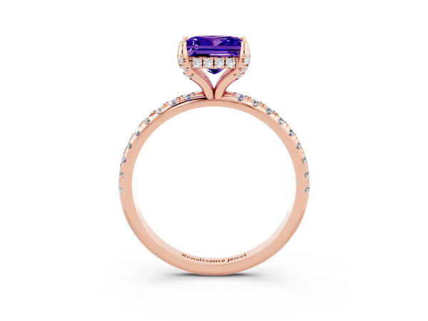 Rose gold Princess Cut Tanzanite Hidden Halo Engagement Ring with Round Pavé Band and Prong Setting