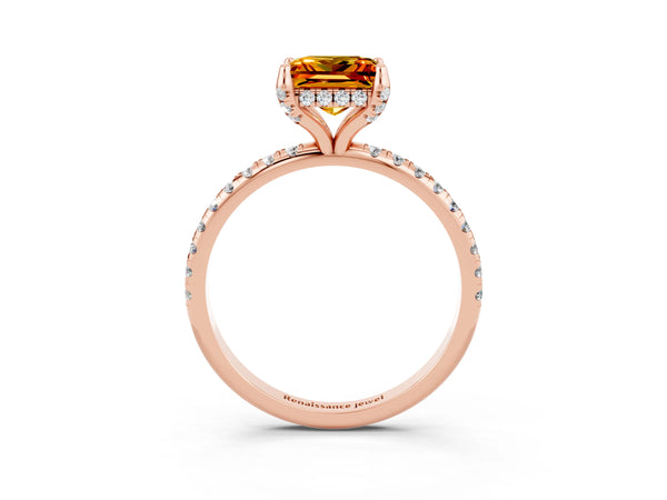 Rose gold Princess Cut Citrine Hidden Halo Engagement Ring with Round Pavé Band and Prong Setting