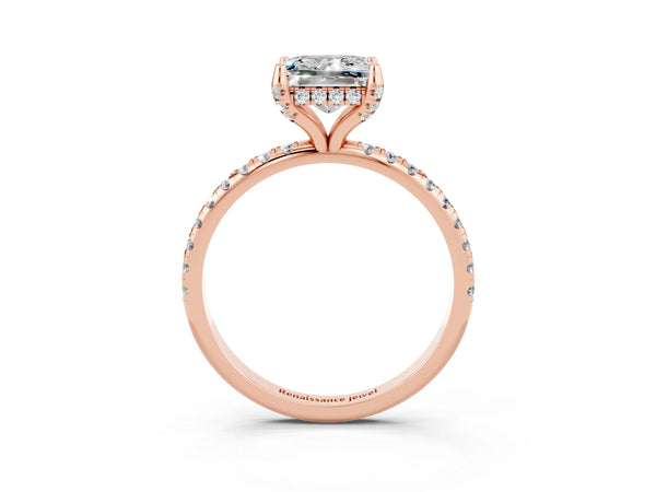 Rose gold Princess Cut Moissanite Hidden Halo Engagement Ring with Round Pavé Band and Prong Setting
