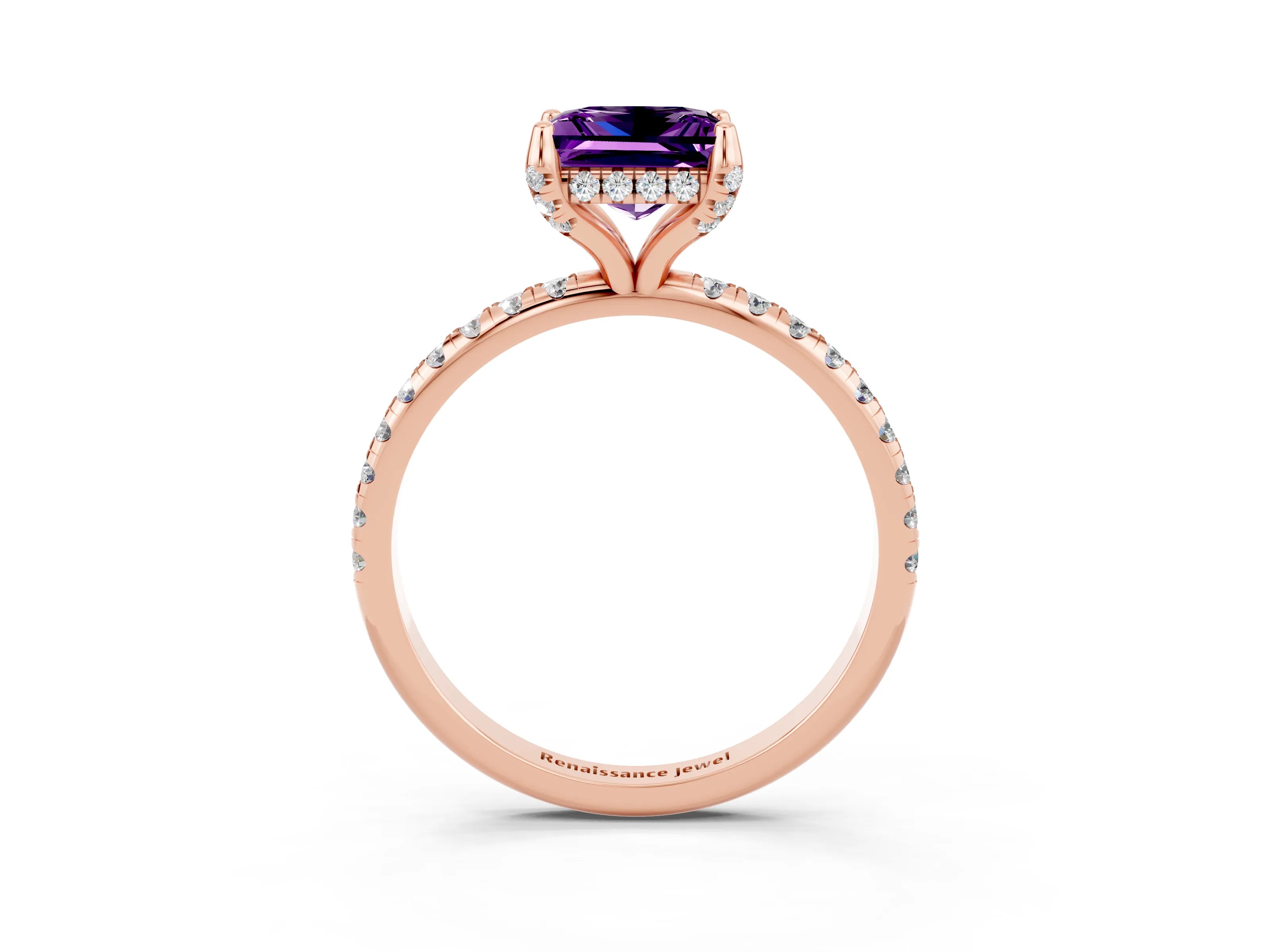 Rose gold Princess Cut Diamond Solitaire Ring with Four-Prong Setting and Pavé Band_3