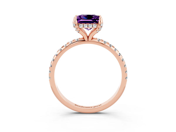 Rose gold Princess Cut Amethyst Hidden Halo Engagement Ring with Round Pavé Band and Prong Setting