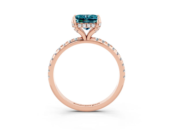 Rose gold Princess Cut Diamond Solitaire Ring with Four-Prong Setting and Pavé Band
