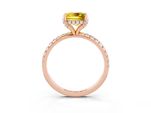 Rose gold Princess Cut Yellow Sapphire Hidden Halo Engagement Ring with Round Pavé Band and Prong Setting