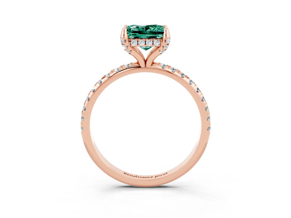 Rose gold Princess Cut Green Sapphire Hidden Halo Engagement Ring with Round Pavé Band and Prong Setting