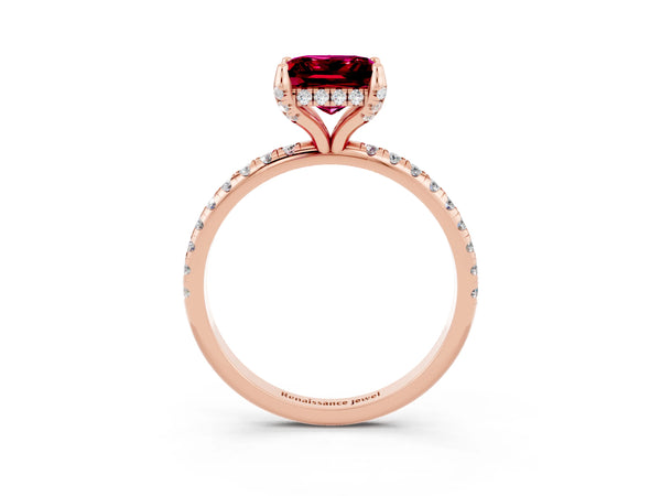 Rose gold Princess Cut Garnet Hidden Halo Engagement Ring with Round Pavé Band and Prong Setting