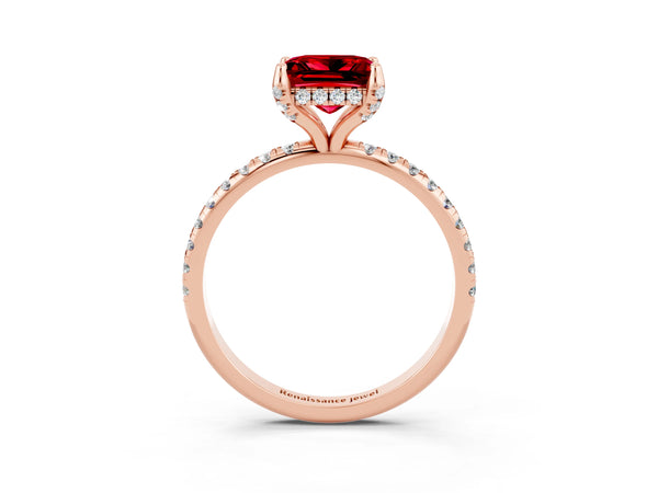 Rose gold Princess Cut Diamond Solitaire Ring with Four-Prong Setting and Pavé Band