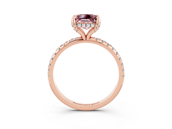 Rose gold Princess Cut Diamond Solitaire Ring with Four-Prong Setting and Pavé Band