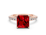 Rose gold Princess Cut Diamond Solitaire Ring with Four-Prong Setting and Pavé Band