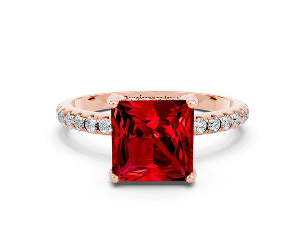 Rose gold Princess Cut Diamond Solitaire Ring with Four-Prong Setting and Pavé Band