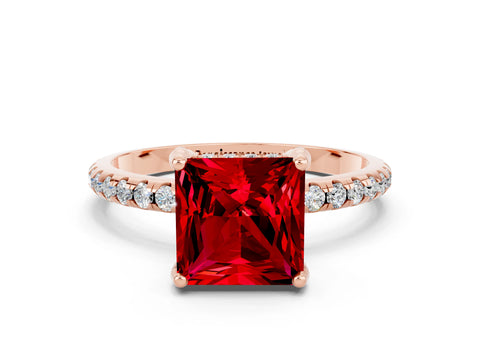 Rose gold Princess Cut Diamond Solitaire Ring with Four-Prong Setting and Pavé Band