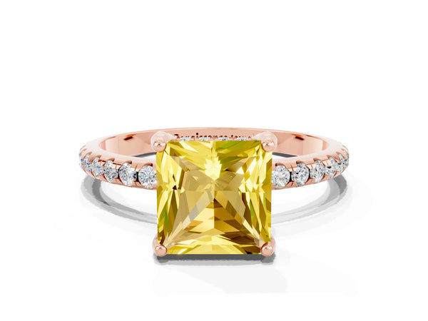 Rose gold Princess Cut Yellow Sapphire Hidden Halo Engagement Ring with Round Pavé Band and Prong Setting