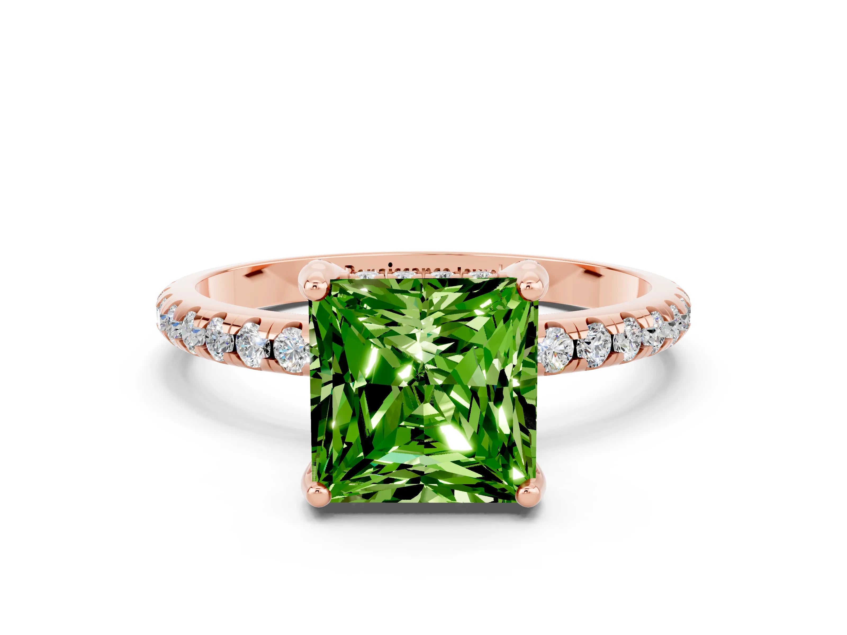 Rose gold Princess Cut Diamond Solitaire Ring with Four-Prong Setting and Pavé Band