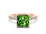 Rose gold Princess Cut Diamond Solitaire Ring with Four-Prong Setting and Pavé Band