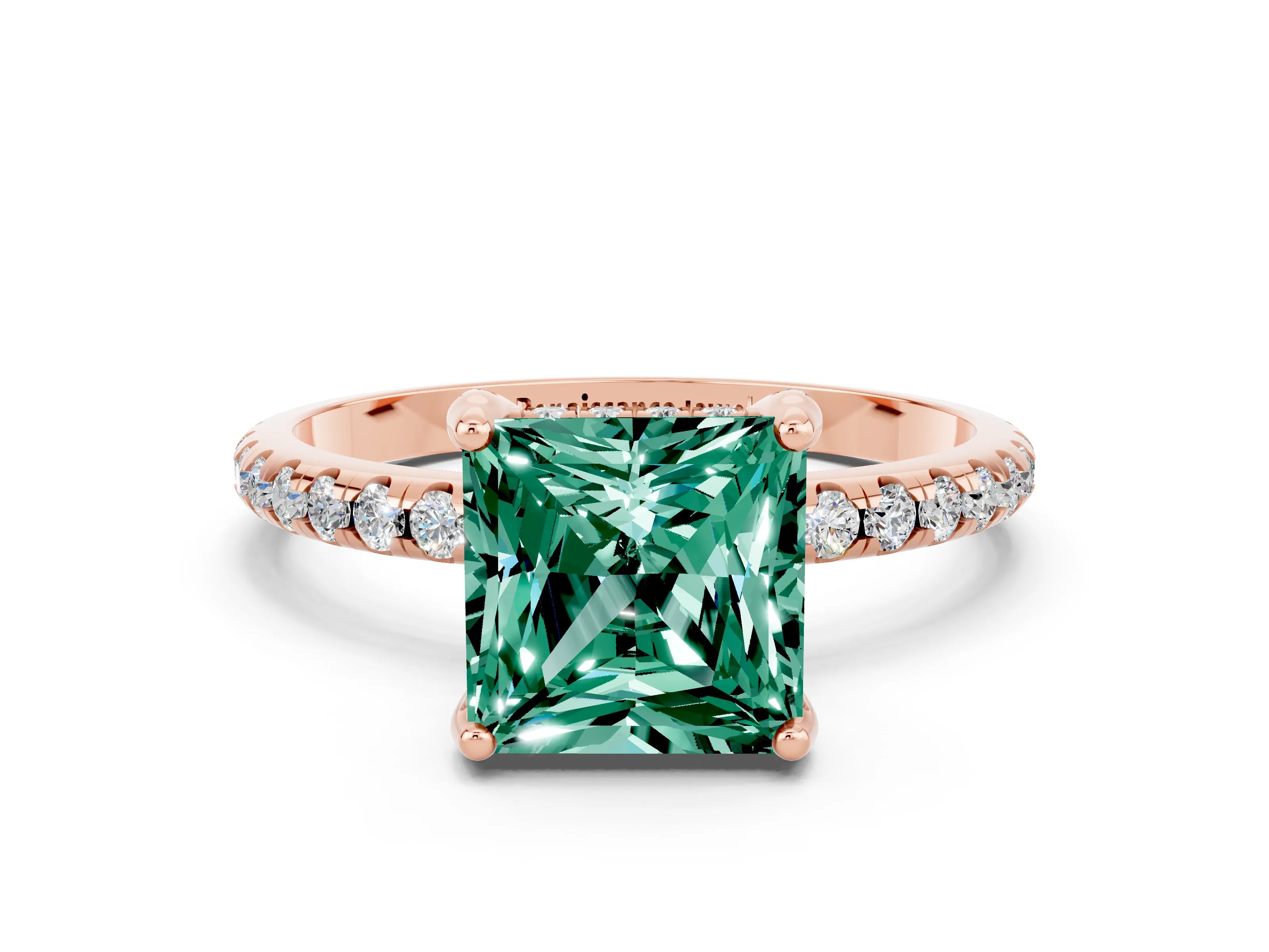 Rose gold Princess Cut Diamond Solitaire Ring with Four-Prong Setting and Pavé Band