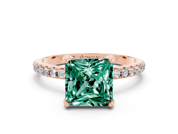 Rose gold Princess Cut Green Sapphire Hidden Halo Engagement Ring with Round Pavé Band and Prong Setting