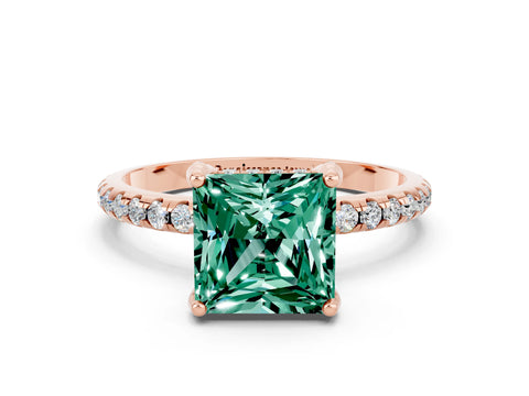 Rose gold Princess Cut Diamond Solitaire Ring with Four-Prong Setting and Pavé Band