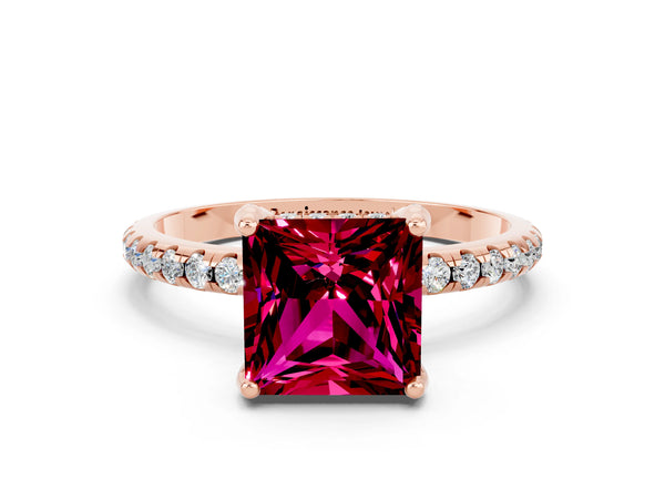 Rose gold Princess Cut Garnet Hidden Halo Engagement Ring with Round Pavé Band and Prong Setting