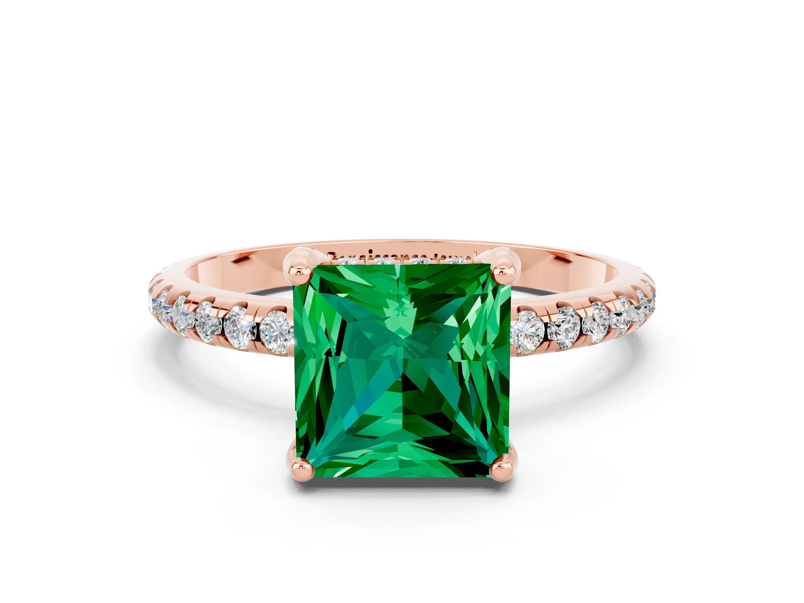 Rose gold Princess Cut Diamond Solitaire Ring with Four-Prong Setting and Pavé Band