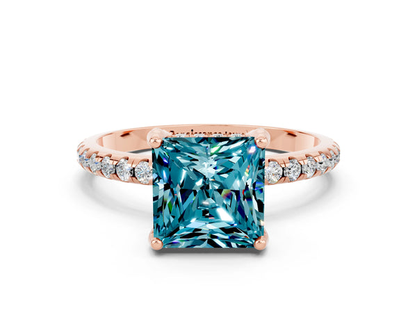 Rose gold Princess Cut Diamond Solitaire Ring with Four-Prong Setting and Pavé Band