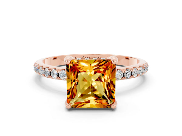 Rose gold Princess Cut Citrine Hidden Halo Engagement Ring with Round Pavé Band and Prong Setting