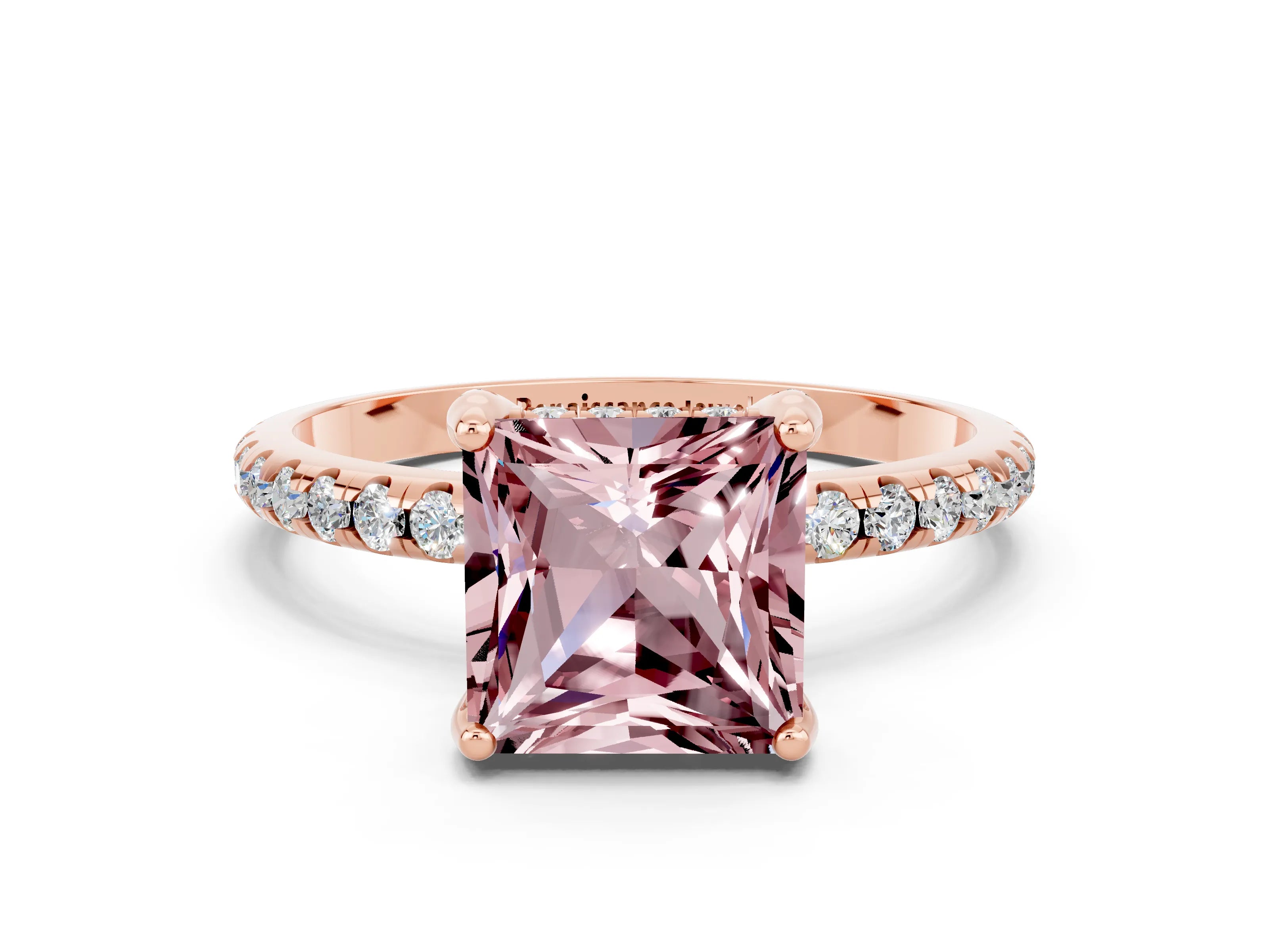 Rose gold Princess Cut Diamond Solitaire Ring with Four-Prong Setting and Pavé Band
