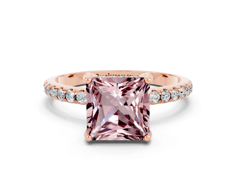 Rose gold Princess Cut Diamond Solitaire Ring with Four-Prong Setting and Pavé Band