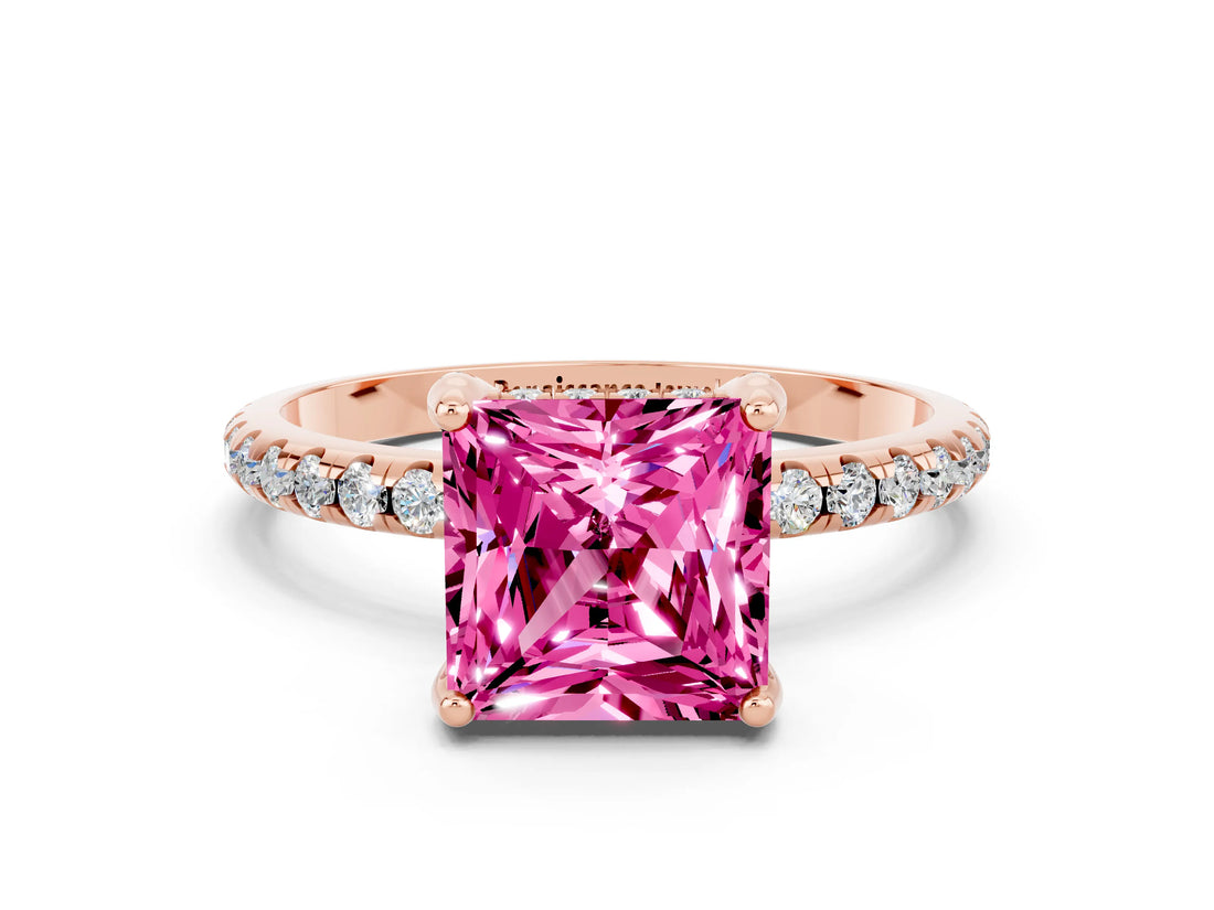 Rose gold Princess Cut Diamond Solitaire Ring with Four-Prong Setting and Pavé Band