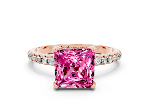 Rose gold Princess Cut Diamond Solitaire Ring with Four-Prong Setting and Pavé Band