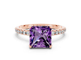 Rose gold Princess Cut Diamond Solitaire Ring with Four-Prong Setting and Pavé Band