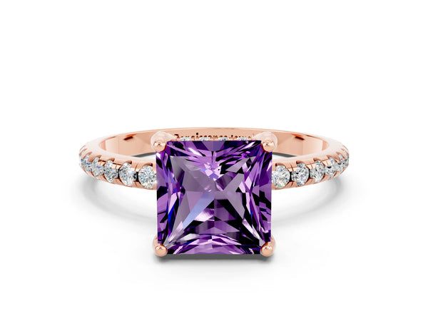 Rose gold Princess Cut Amethyst Hidden Halo Engagement Ring with Round Pavé Band and Prong Setting