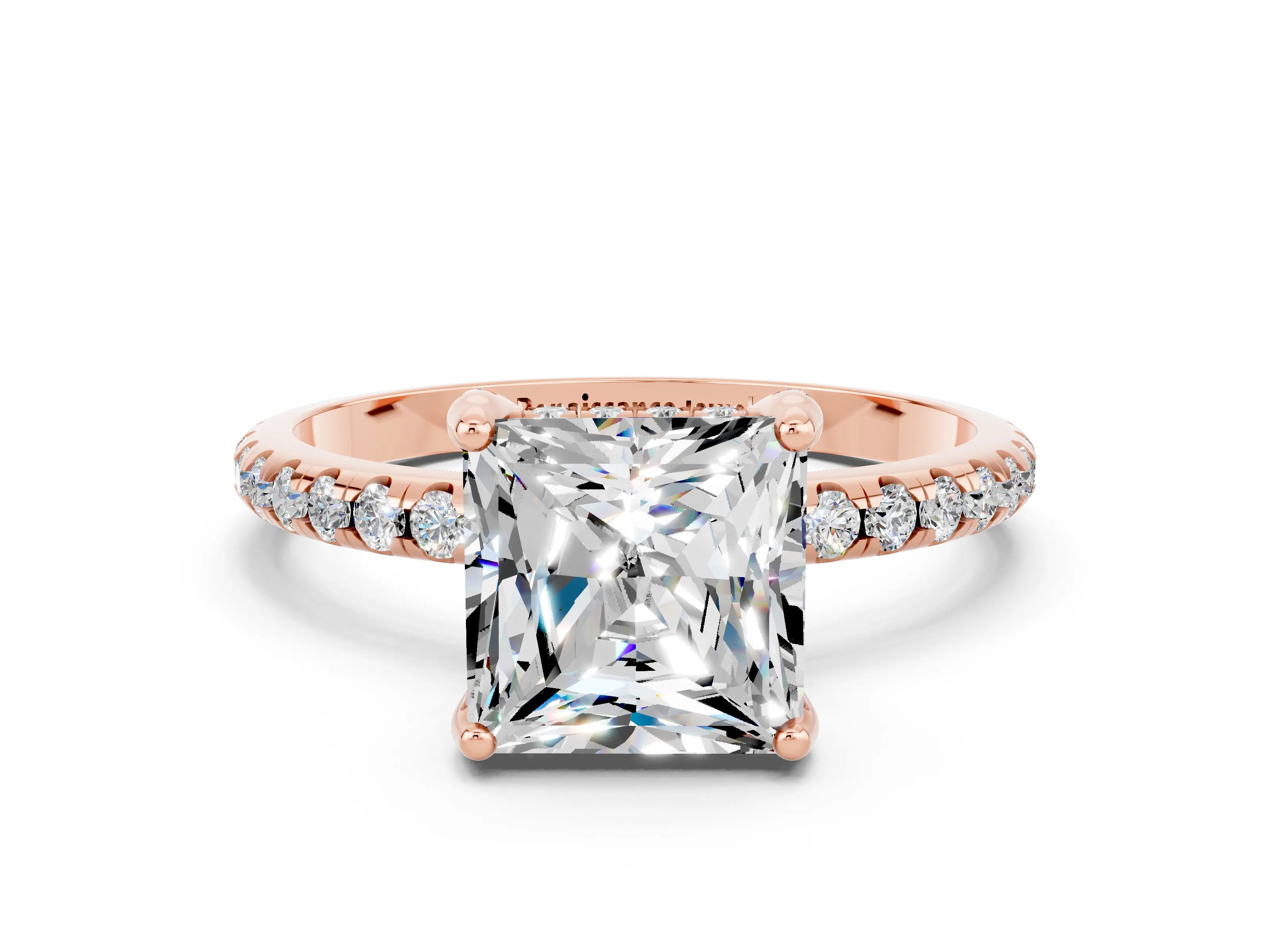 Rose gold Princess Cut Diamond Solitaire Ring with Four-Prong Setting and Pavé Band