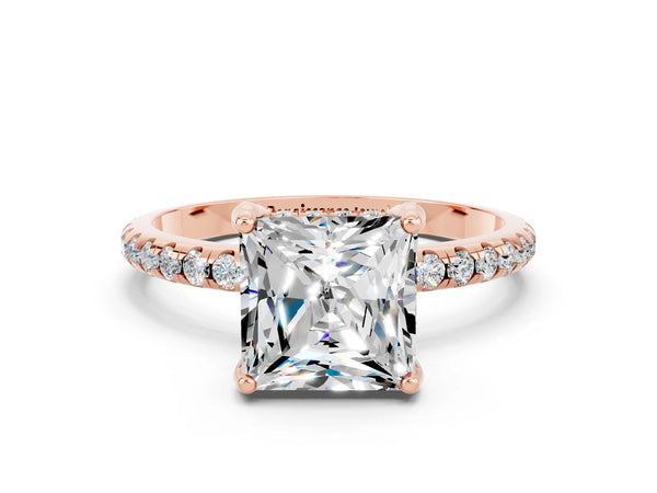 Rose gold Princess Cut Moissanite Hidden Halo Engagement Ring with Round Pavé Band and Prong Setting