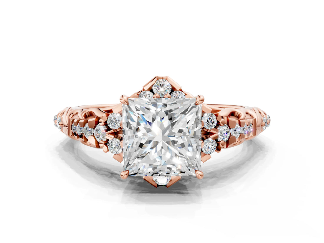 Rose gold Princess Cut Diamond Solitaire Ring with Hidden Halo and Pavé Band_27