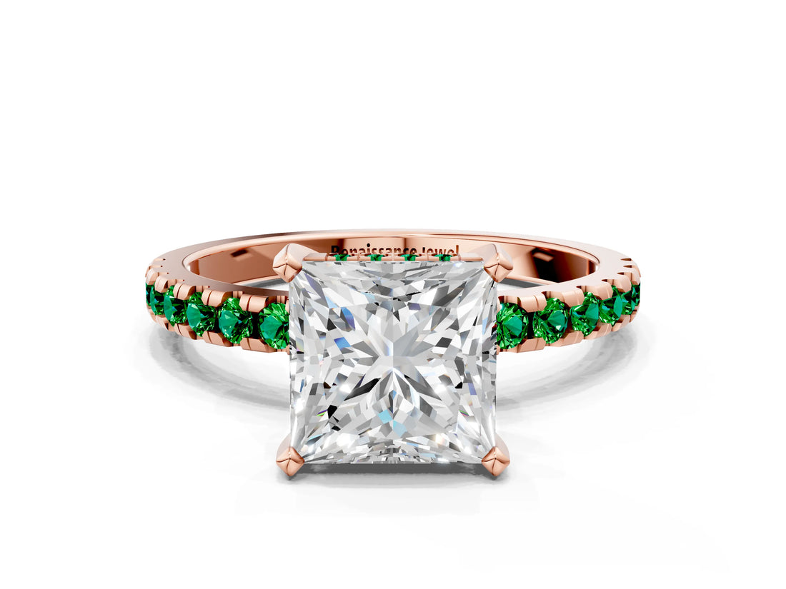 Rose gold Princess Cut Diamond Solitaire Ring with Pavé Band and Four-Prong Setting