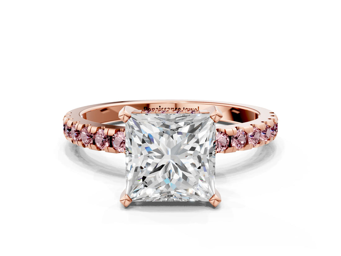 Rose gold Princess Cut Diamond Solitaire Ring with Pavé Band and Four-Prong Setting